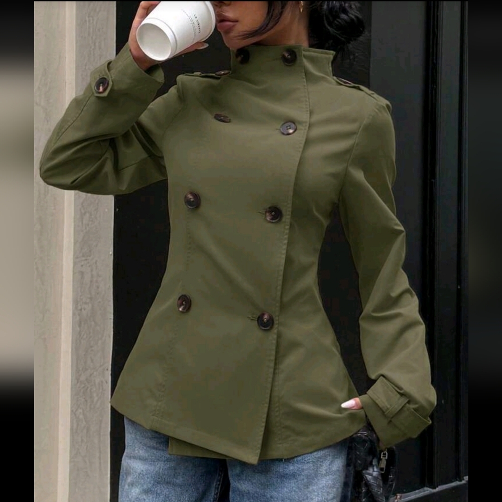 Women's Woven Solid Color Long Sleeve Double-Breasted Casual Trench Coat - Picture 2 of 5